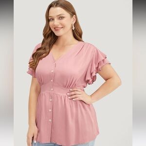 NWT Bloomchic Solid Ruffle Tiered Sleeve Gathered Button Up Blouse